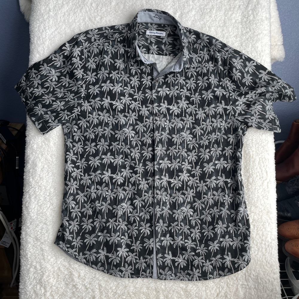 Tommy Bahama Silk Blend Mens Large IslandZone Palm Tree Print Button Down Shirt